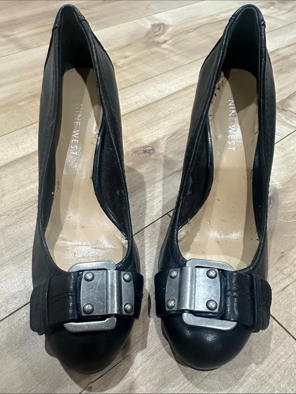 Nine West Black Leather Wedge Pumps with Silver Buckle